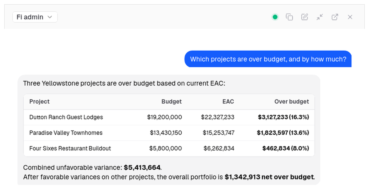 The agent answering which projects are over budget with a computed table